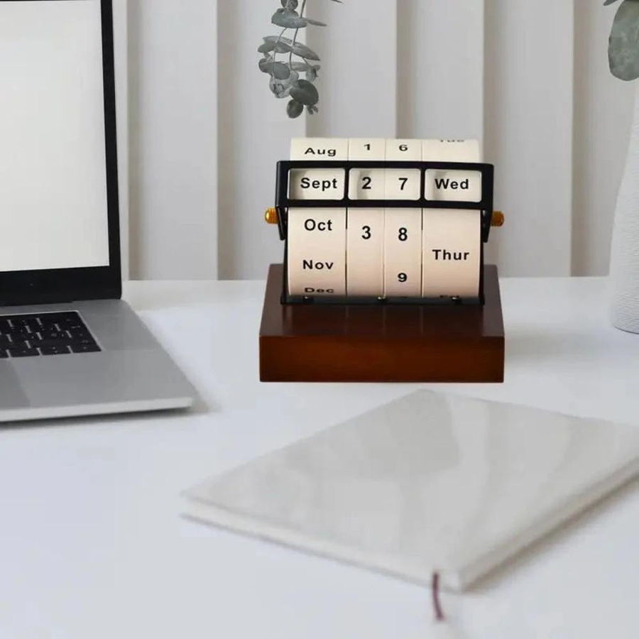 Ewiger Drehkalender für den Schreibtisch von Yiran Furniture in Braun aus Holz und Aluminiumlegierung mit Wochen- und Monatsansicht - Bild 4