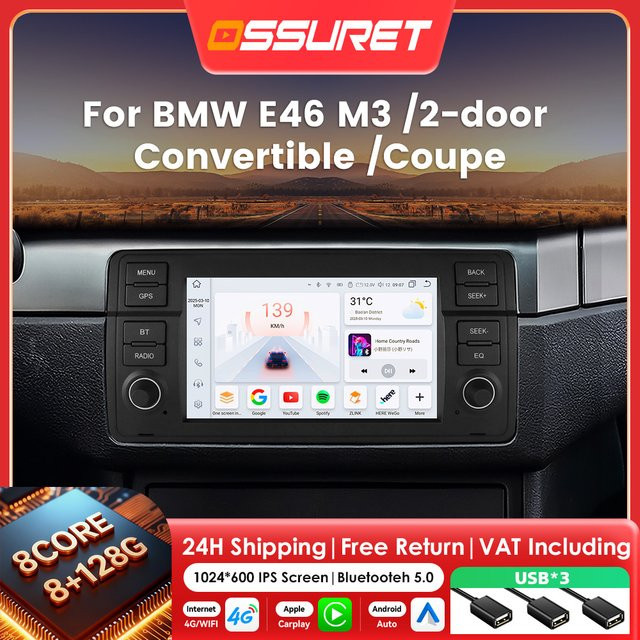 OSSURET Android Auto Autoradio mit 7 Zoll Display und GPS für BMW E46 M3 1998-2006, Multimedia Player Stereo in Schwarz - Bild 1