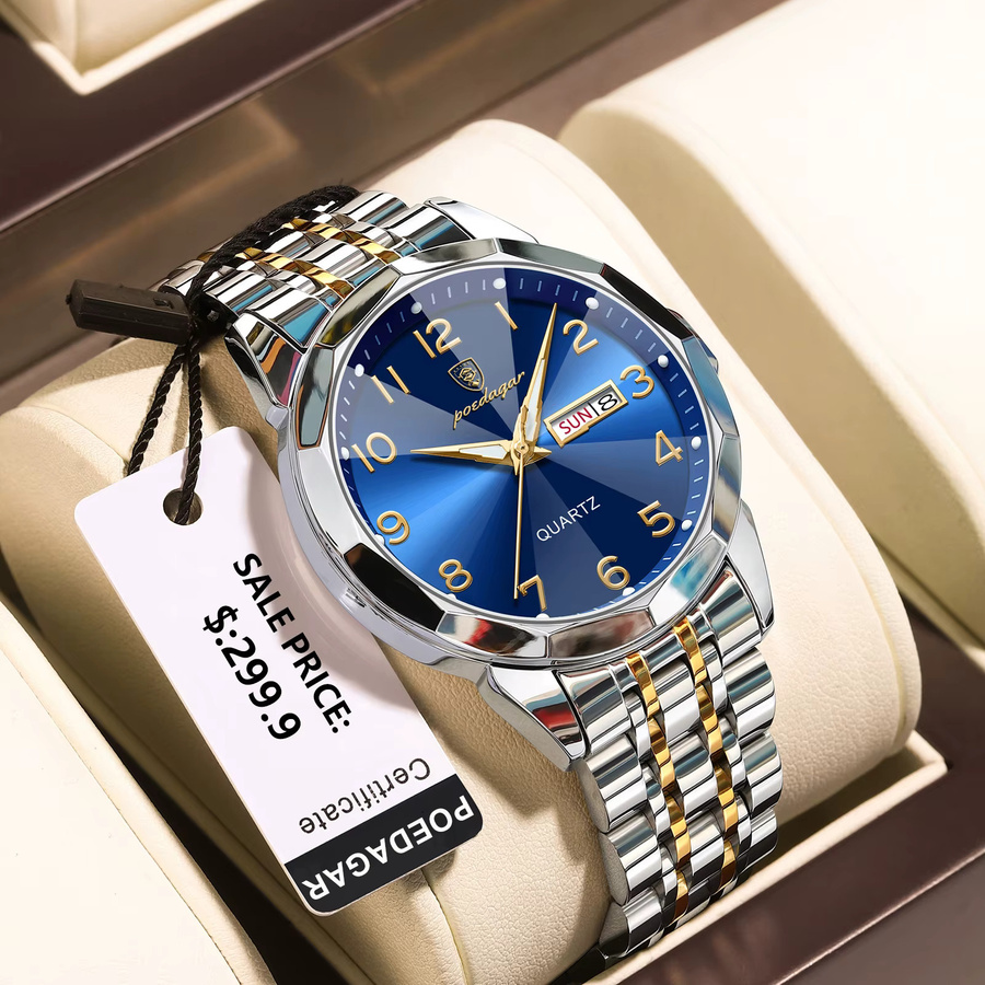 POEDAGAR Armbanduhr Quarz, Edelstahl, Blau, Herren - Bild 2