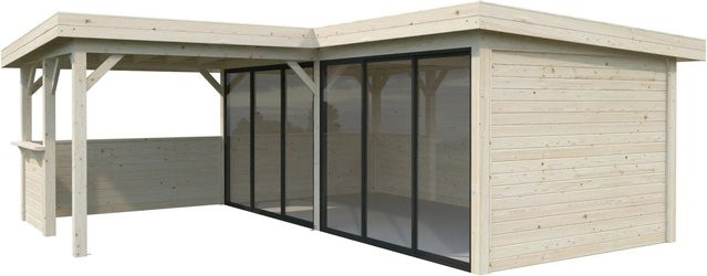 Palmako Pavillon Lenna Set 422 Slide aus Fichtenholz in Braun mit transparenten Alu-Schiebetüren, PZ-Schloss und Eck-Tresenanlage, B/T/H: 588 x 588 x 245 cm - Bild 1