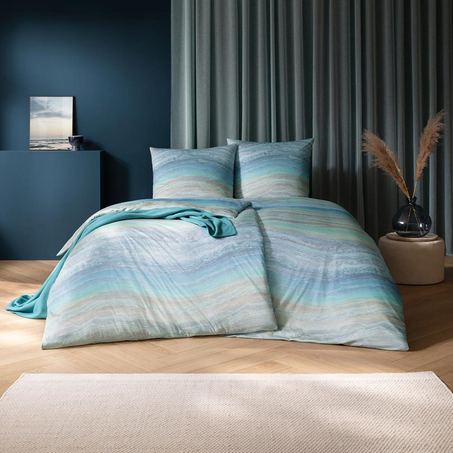 Estella Mako Jersey Bettwäsche Maike Azur Wellen Marmoriert Sand B/H: 155 x 220 cm mit Kissenbezug 80 x 80 cm - Bild 1