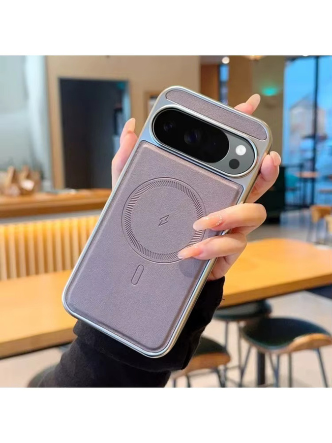 Luxuriöse Lederhülle mit Metallrahmen und Magnetverschluss für Google Pixel 10, 9 und 8 Pro XL in Grau, sturzsicher und kabelloses Laden kompatibel - Bild 3
