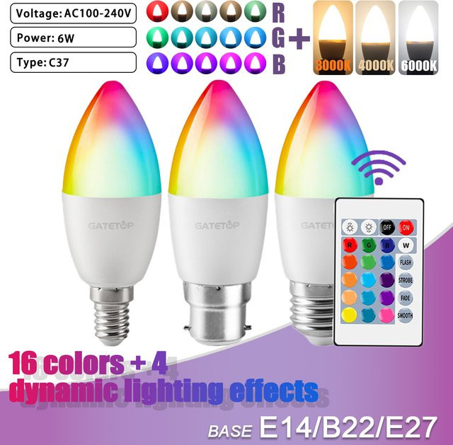 2er-Set RGB LED Kerzenlampen mit 16 Farben, dimmbar per Fernbedienung, E14 E27 B22 Fassung, Mehrfarbig - Bild 1