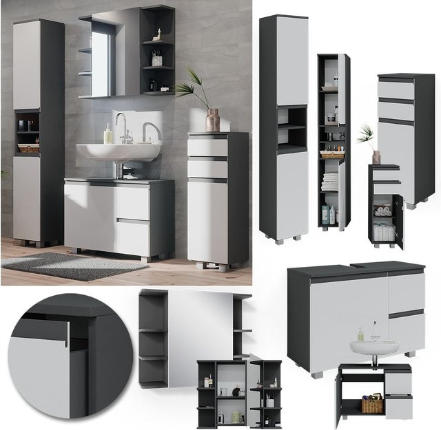 Vicco Badmöbelset J-Shape in Weiß und Anthrazit, modernes 4-teiliges Badezimmer-Set mit Spiegelschrank, Waschtischunterschrank, Midischrank und Hochschrank - Bild 1