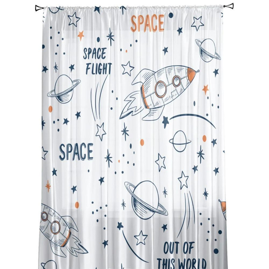 Yiran Furniture Transparentes Voile-Organza-Vorhang Weltraum-Design mit Rakete und Cartoon-Universum, Weiß, Breite: 135 cm, Höhe: 137 cm - Bild 1