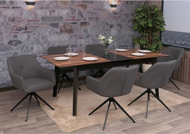 6er-Set Esszimmerstühle MCW-O47 mit Armlehnen, drehbar mit Auto-Return Funktion, Stoff Textil, grau - Bild 1