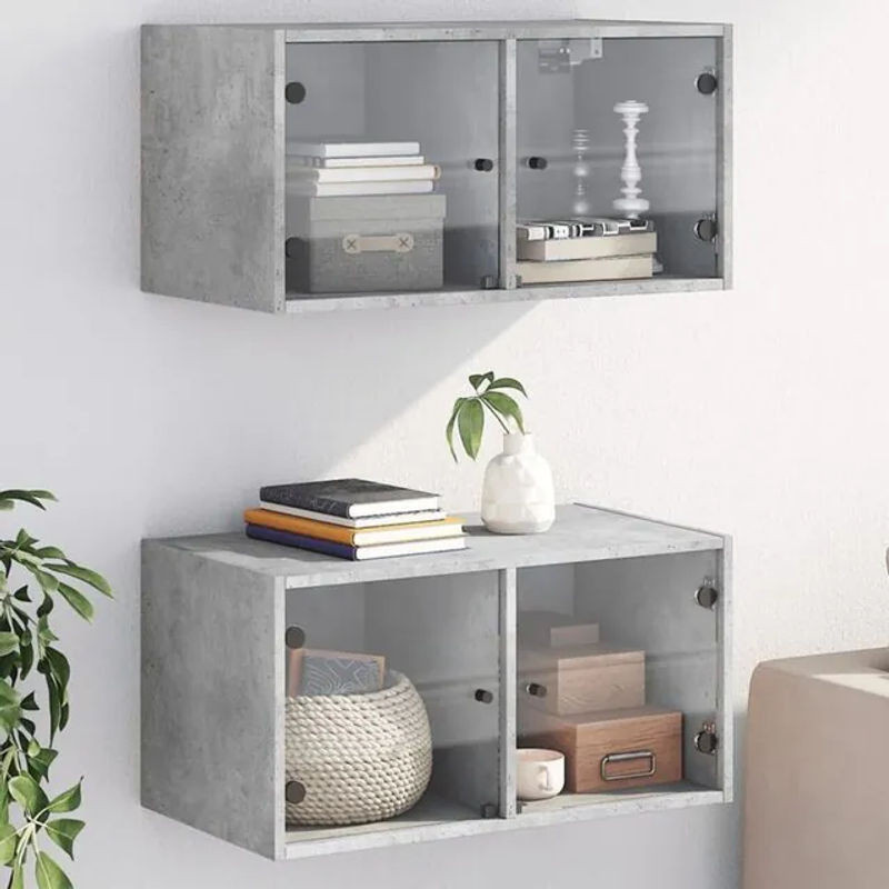 Vidaxl Set aus 2 Hängevitrinen mit Glastüren in Grau, Modernes Design aus Holzwerkstoff und Glas, B/T/H: 68,5 x 37 x 35 cm - Bild 1