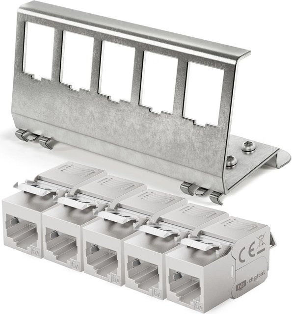 hb-digital Hutschienenadapter 5 Port mit CAT 6a Keystone Modul RJ45 Ethernet LAN in Silber - Bild 1
