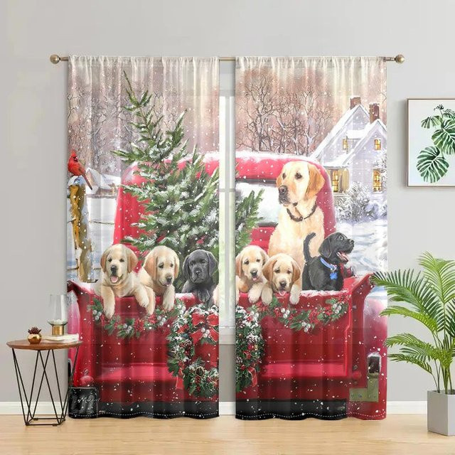 2er-Set Weihnachts Vorhänge mit LKW und Welpen Motiv in Grau, halbtransparent, Breite: 150 cm, Höhe: 166 cm - Bild 1