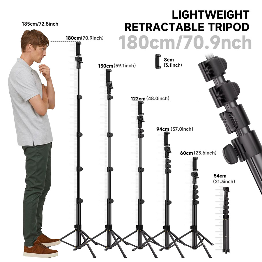 NeePho NP-2588 Multi-Winkel Aluminium-Stativ Selfie-Stick mit Cold-Shoe-Halterung in Schwarz, 180 cm Höhe, kompatibel mit Handys und Kameras - Bild 2