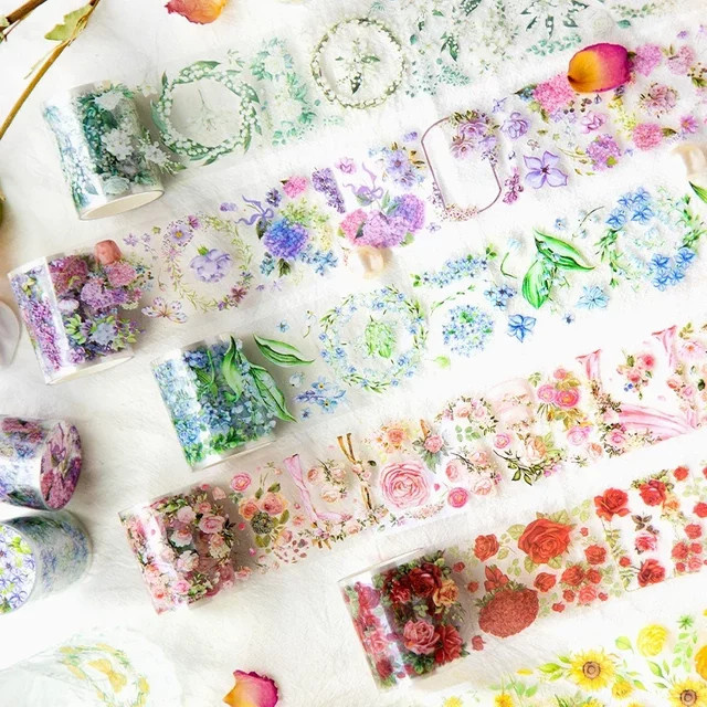 Dekoratives Floral Klebeband aus PET für Scrapbooking und Tagebuch, B: 5 cm, L: 2 m, Mehrfarbig - Bild 1