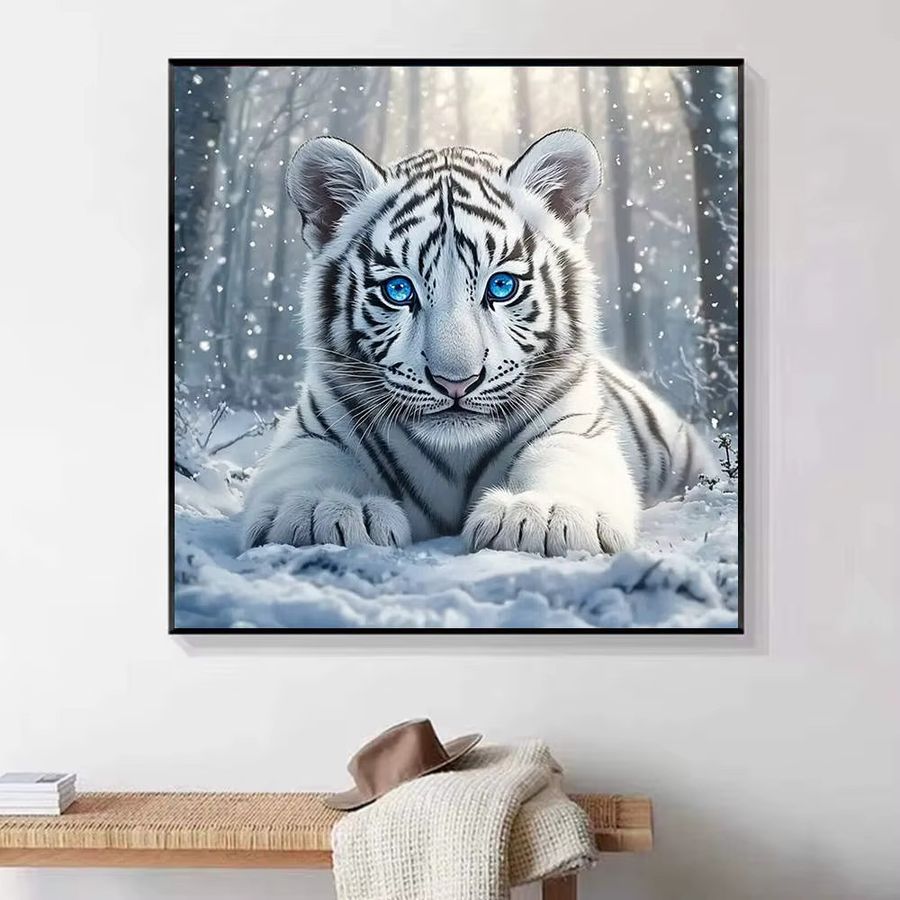HUACAN 5D Diamant-Malerei Set mit weißem Tiger in Winterszene auf Leinwand, Full Round Strass-Kunst für deine Heimdekoration, Farbe: Weiß - Bild 4