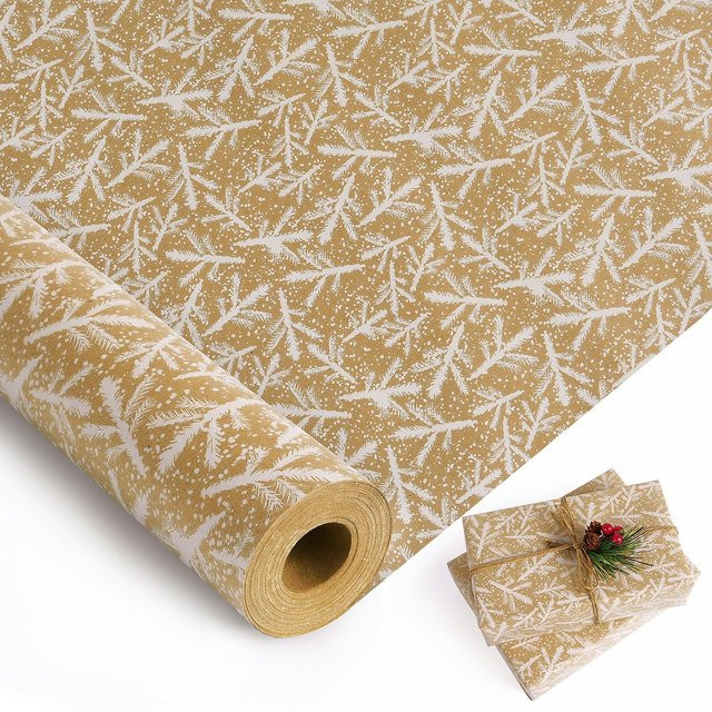Weihnachts-Geschenkpapierrolle im Vintage-Stil aus Kraftpapier mit weißem Kiefernzweig-Design - Bild 1