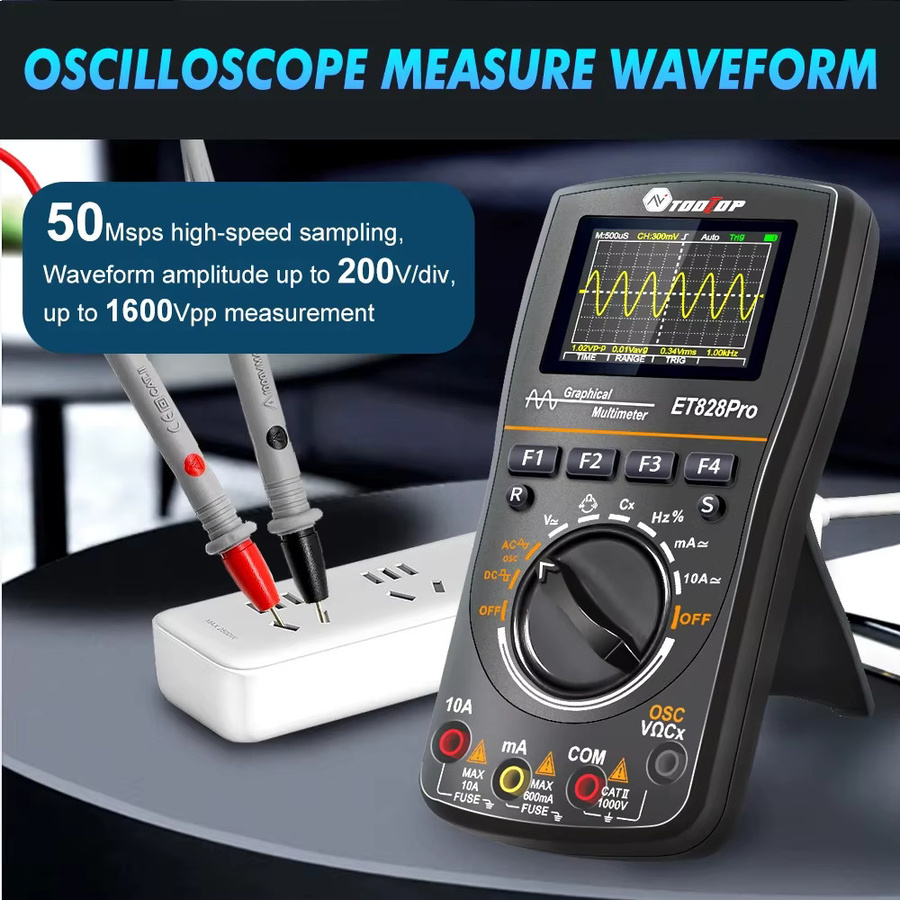 TOOLTOP Et828pro Tragbares 2 in 1 Oszilloskop und True RMS Multimeter, 10 MHz, 50 ms/s, 1600 Vpp Hochspannung, Schwarz - Bild 4