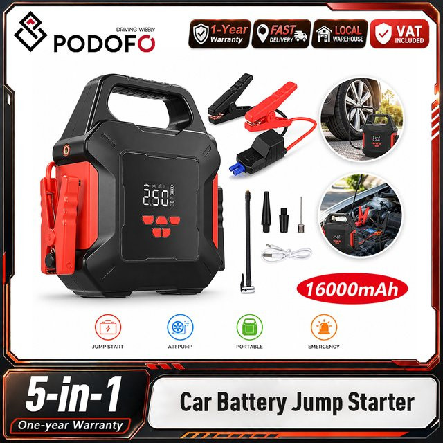 Podofo Multifunktionaler Auto-Starthilfe mit Luftpumpe und LED-Bildschirm, Tragbarer Batterie-Booster und Notfall-Powerbank in Schwarz - Bild 1