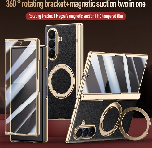 Samsung Galaxy Z Fold 7 Lederhülle mit 360 Grad schwenkbarer Halterung und magnetischem Anti-Drop-Schutz sowie gehärtetem Glas - Bild 1