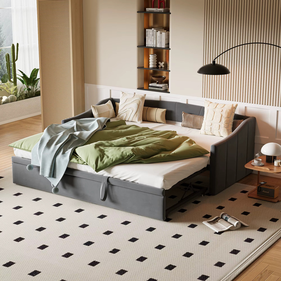 Rosahange Daybed 2-in-1 Klappsofa mit Ausziehbett aus grauem Samt, Breite: 90 cm, Tiefe: 200 cm - Bild 3
