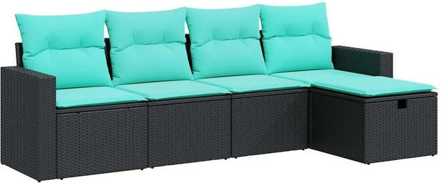 vidaXL 5-teilige Garten-Sofagarnitur in L-Form aus Poly-Rattan mit blauen Kissen und Metallgestell, Schwarz - Bild 1