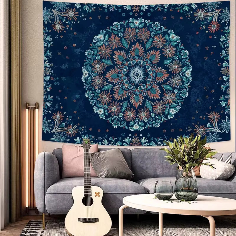 VIKAMA Wandteppich Mandala Blumen Boho Wandbehang Marineblau B: 90 cm, H: 60 cm - Bild 3