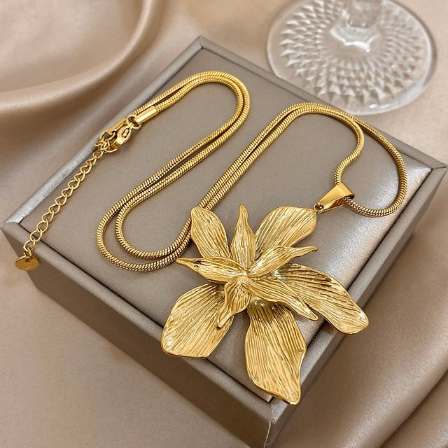 Greatera Halskette, Edelstahl, Gold, doppellagige Blume, Damen - Bild 1