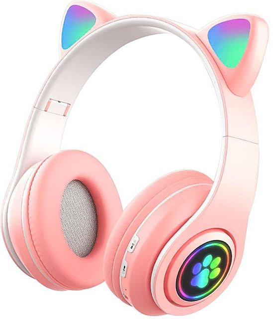 JQIQLY Bluetooth 5.0 Kopfhörer mit Katzenohren und RGB-Beleuchtung, kabellos und kabelgebunden, rosa - Bild 1