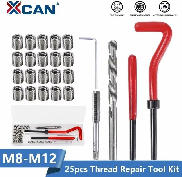 XCAN Gewinde Reparatur Kit in Silber für M3 M4 M5 M6 M8 M10 M12 M14 Schrauben mit Bohrer und Gewinde Einsätzen zur Reparatur beschädigter Gewinde - Bild 1