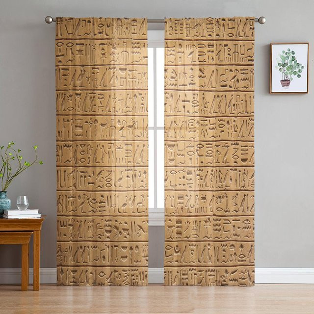 Yiran Furniture Transparentes Gardinen-Set mit altägyptischen Wandbildern aus Voile und Organza, Farbe: Beige, B: 135 cm, H: 115 cm - Bild 1