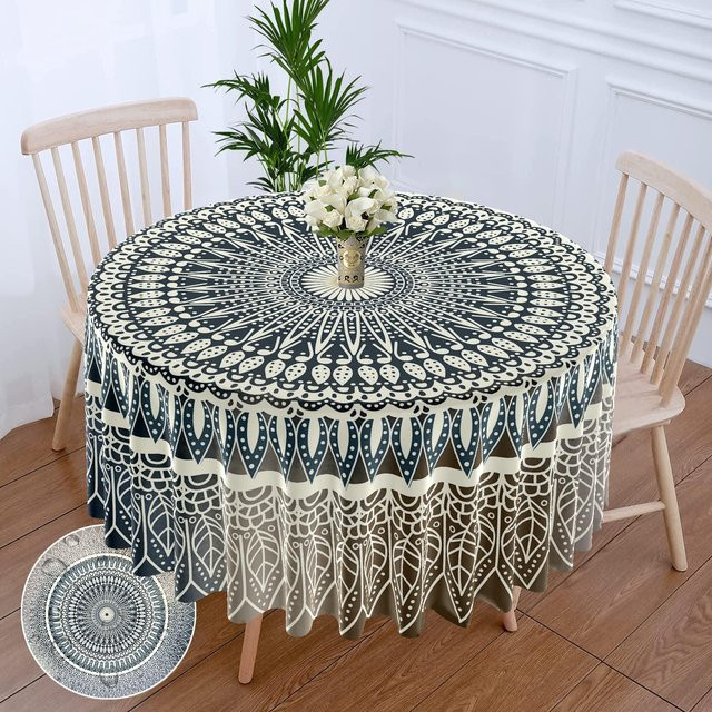 Wasserdichte runde Tischdecke mit Mandala-Muster in Schwarz, Durchmesser: 160 cm - Bild 1
