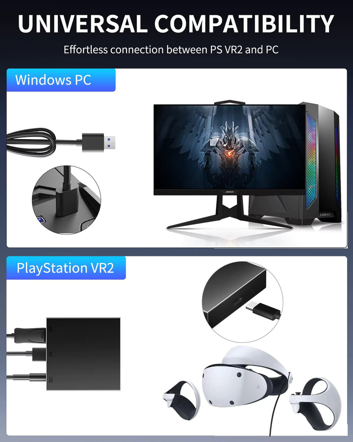 Aolion PS VR2 Adapter Stromversorgungskit mit DisplayPort-Kabel für PC-Nutzung, Schwarz - Bild 2