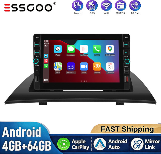 ESSGOO Android 15 Kabelloses CarPlay Autoradio für BMW X3 E83 2003-2011 mit 4+64G Speicher, Multimedia-Player mit Navi, WLAN, Bluetooth, GPS, DAB und Rückfahrkamera, Schwarz - Bild 1