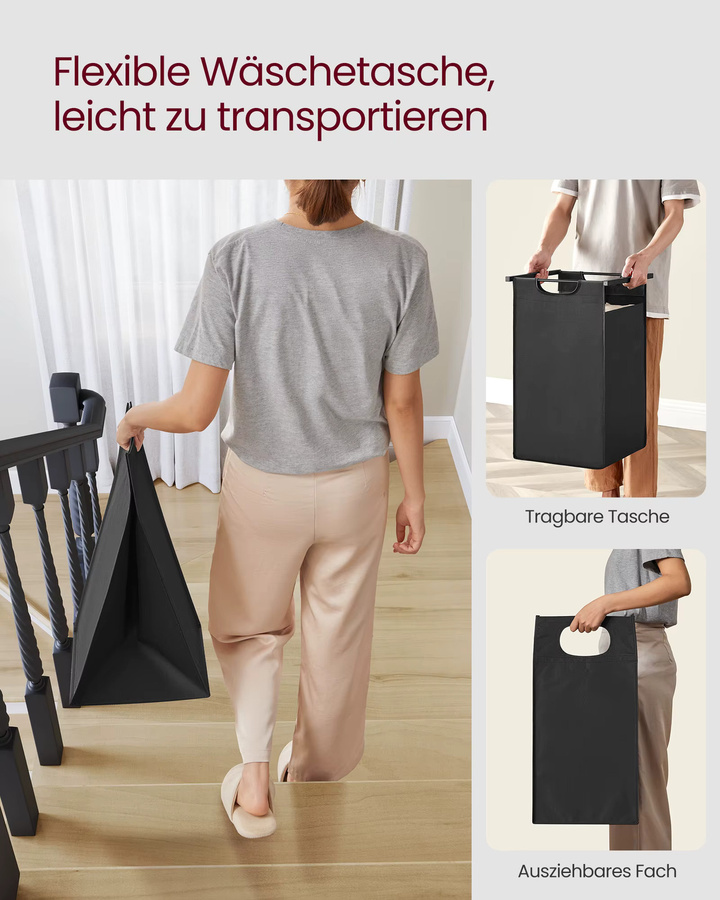 VASAGLE Wäschekorb mit 2 Fächern und Ablage, ausziehbarer Wäschesammler aus Oxford-Gewebe mit Metallrahmen, Grau - Bild 5