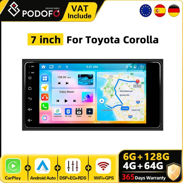 Podofo Android Autoradio mit 7 Zoll Display, 6GB RAM und 128GB Speicher für Toyota Corolla, RAV4, Hilux und Land Cruiser 100, inklusive GPS, WiFi, Bluetooth, CarPlay und Android Auto, Farbe: Schwarz - Bild 1