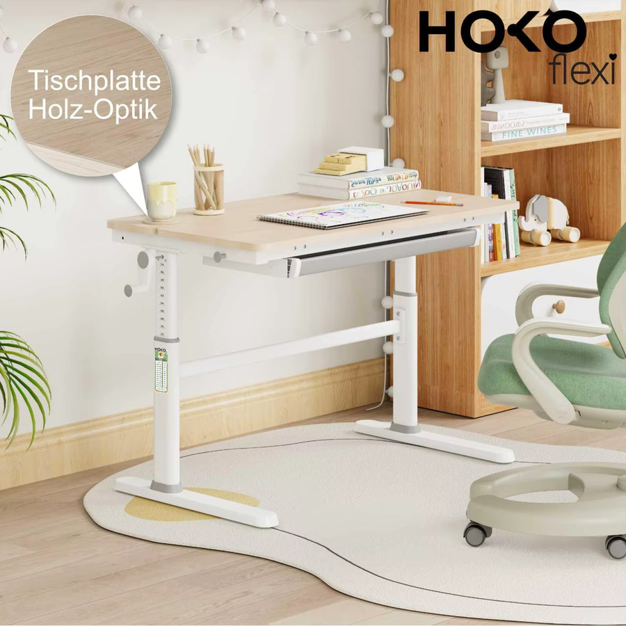 HOKO Kinderschreibtisch mit neigbarer Tischplatte und Schubladenelement in Weiß, höhenverstellbar für Kinder ab 6 Jahren, B/T: 100 x 60 cm, Höhe: 54-76 cm - Bild 2