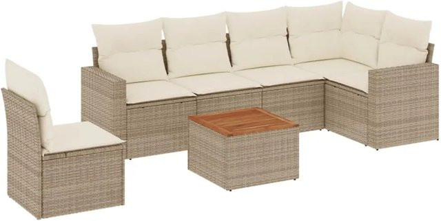 vidaXL 7-teilige Garten-Sofagarnitur aus Poly-Rattan und Akazienholz in Beige-Creme mit Kissen - Bild 1