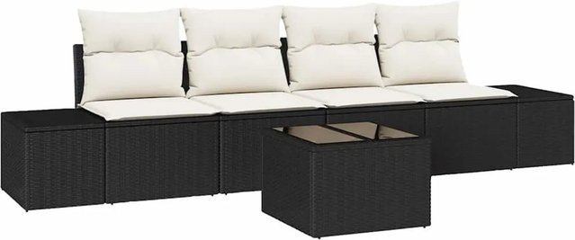 vidaXL Garten-Sofa-Set aus Poly-Rattan in Schwarz und Beige mit 5 Teilen, L-Form mit Kissen und Couchtisch - Bild 1