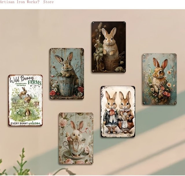 6er Set Kaninchen Metallschilder im Vintage-Stil von Potdemiel, bunte Blechposter mit Oster-Motiven für Garten und Wanddeko - Bild 1