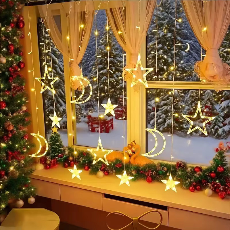 USB-betriebene LED-Vorhanglichterkette mit Stern- und Mondmotiven in Mehrfarbig (RGB) für Schlafzimmer und Garten als Weihnachtsdekoration - Bild 3