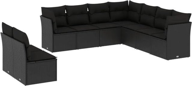 vidaXL 9-teilige Garten-Sofagarnitur in L-Form aus schwarzem PE-Rattan mit Sitzkissen und Stauraum - Bild 1