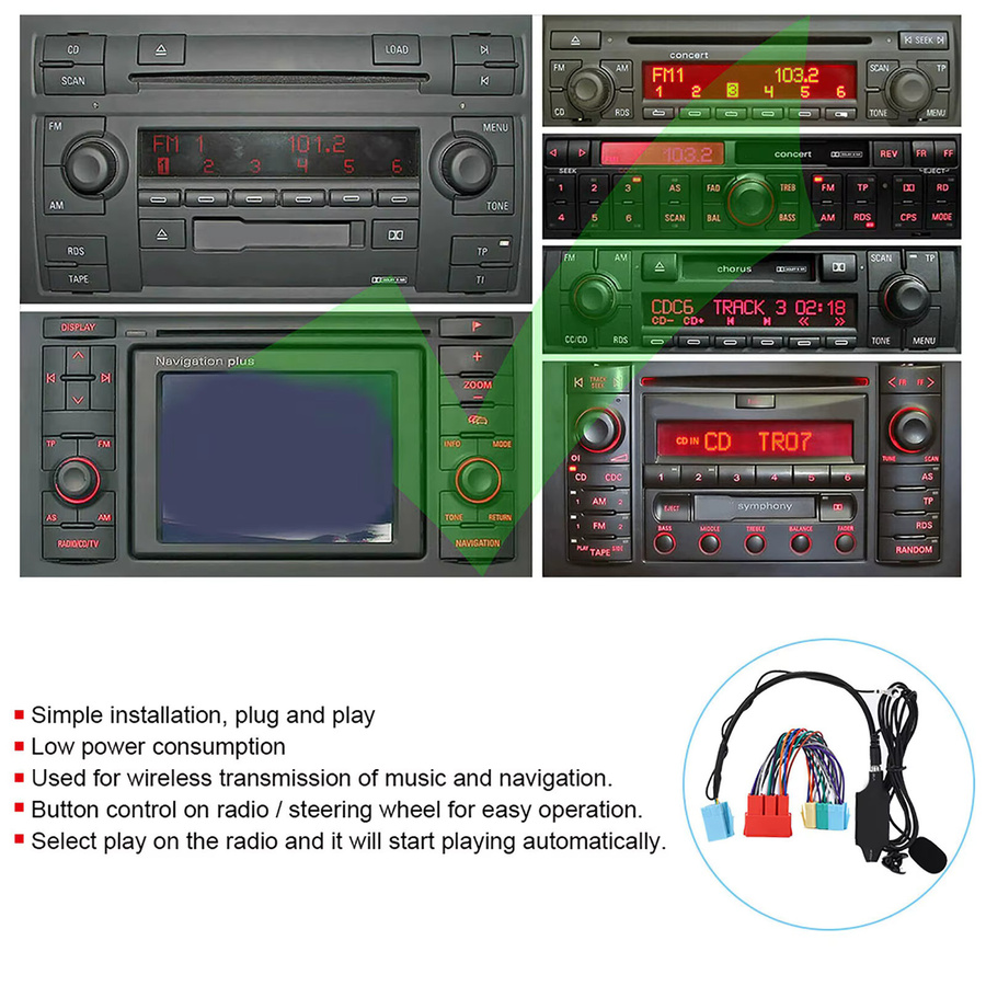 Qiilu Bluetooth Audio-Adapter mit AUX-Kabel und 3,5 mm Klinkenanschluss für Autoradio passend für Audi A2 8L 8P B5 B6 B7 - Bild 1