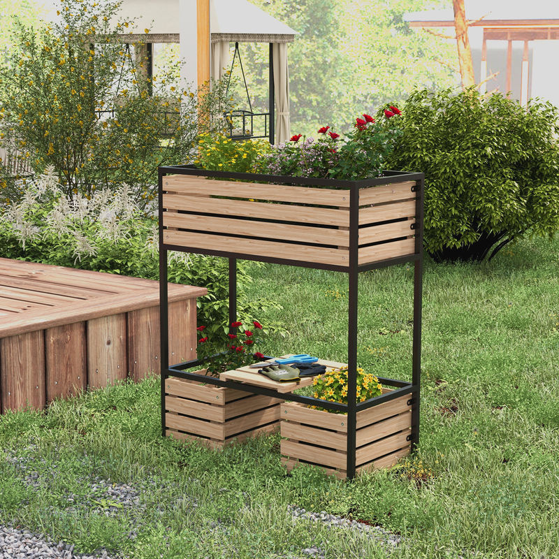 Outsunny Hochbeet aus Holz in Hellbraun mit 2-stufigem Blumenkasten, Ablage und Innenvlies, B/T/H: 83 x 39 x 100 cm - Bild 2