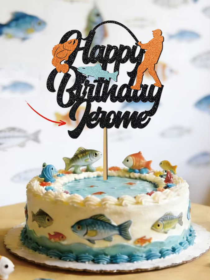 Personalisierte Kuchendekoration im Fischer-Stil mit Namen in Multicolour für Geburtstagsfeiern von Angelbegeisterten von joy-enlife - Bild 7