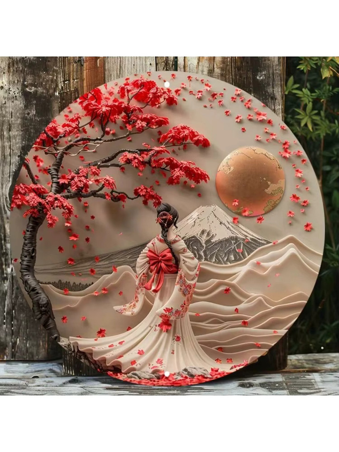 HELLOYOUNG Wanddekoration aus Metall mit japanischer Frau im Kimono und Kirschblüten-Illustration in Mehrfarbig - Bild 4