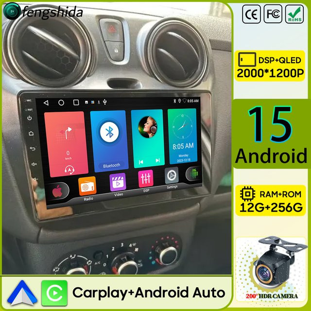 FengShiDa Autoradio mit Android 15 und 2K Bildschirm für Renault Dokker und Dacia Lodgy 2012-2020 mit GPS, CarPlay, Android Auto und 5G/4G Unterstützung in Schwarz - Bild 1