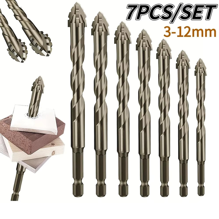 PINTUDY 7-teiliges Sägezahn-Bohrer-Set mit 4 Schneiden für Glas, Fliesen, Beton und Metall, 3-12 mm, Silber - Bild 6
