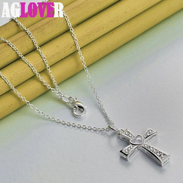 AGLOVER Halskette 925 Silber, Zirkonia, Kreuz Herz, Damen, 45 cm - Bild 1