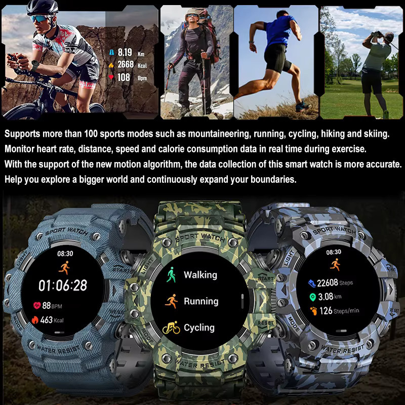BOXUXING Militär Outdoor Smartwatch für Männer in Grün mit Bluetooth Anruffunktion, Herzfrequenzmessung, Kompass und IP68 Wasserdichtigkeit - Bild 4