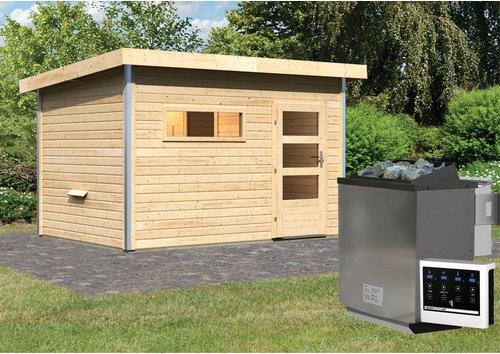 KARIBU Saunahaus Schwanenburg 2 aus Fichtenholz in Beige mit 9 kW Bio-Kombi-Ofen und externer Steuerung, B/T/H: 337 x 231 x 239 cm - Bild 1