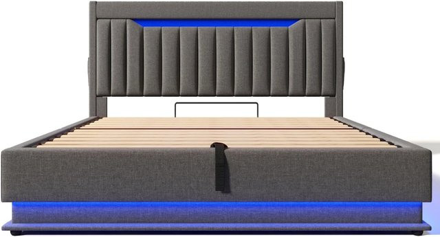okwish Polsterbett Grau mit USB-Anschluss, LED-Beleuchtung und Bettablage B/T/H: 140 x 190 x 112 cm - Bild 1