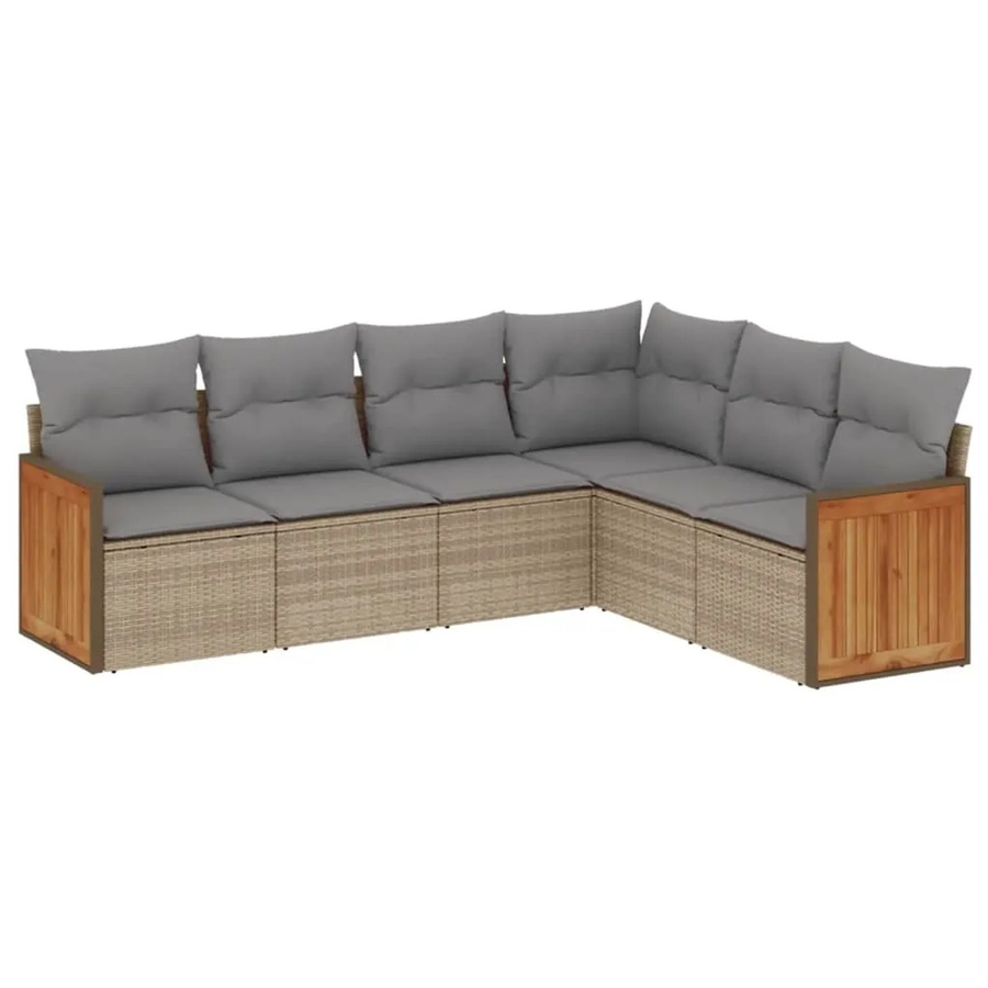 vidaXL 6-tlg Garten-Sofagarnitur in L-Form aus Polyrattan und Akazienholz in Beige mit Sitzkissen und Rückenkissen - Bild 2