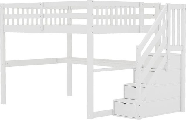 KOMHTOM Hochbett für Kinder aus Kiefernholz mit Schreibtisch und Stauschubladen, Weiß, B/T/H: 200 x 140 x 147,5 cm - Bild 1